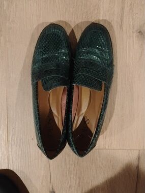 Solos Dark Green Snake-Embossed Leather Penny Loafers 8